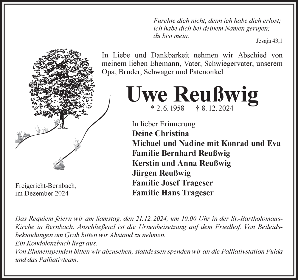  Traueranzeige für Uwe Reußwig vom 14.12.2024 aus Gelnhäuser Neue Zeitung