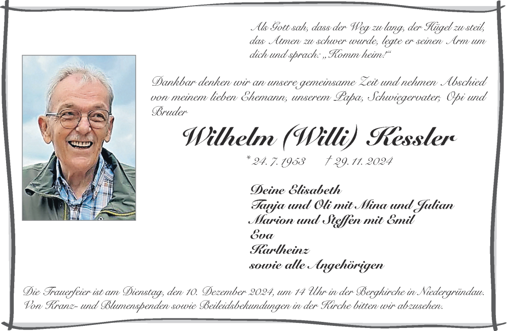  Traueranzeige für Wilhelm Kessler vom 07.12.2024 aus Mittelhessen-Bote