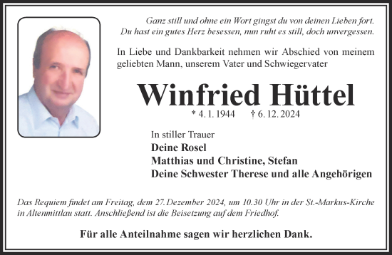 Traueranzeige von Winfried Hüttel von Mittelhessen-Bote