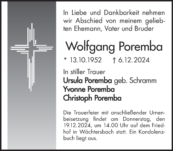 Traueranzeige von Wolfgang Poremba von Gelnhäuser Neue Zeitung