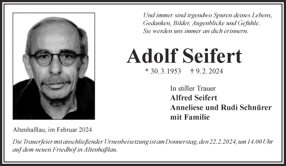  Traueranzeige für Adolf Seifert vom 17.02.2024 aus Mittelhessen-Bote