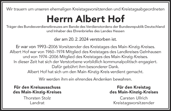 Traueranzeige von Albert Hof von Gelnhäuser Neue Zeitung