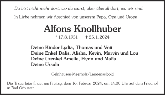 Traueranzeige von Alfons Knollhuber von Gelnhäuser Neue Zeitung