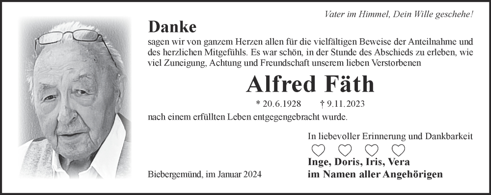 Traueranzeige für Alfred Fäth vom 03.02.2024 aus Mittelhessen-Bote