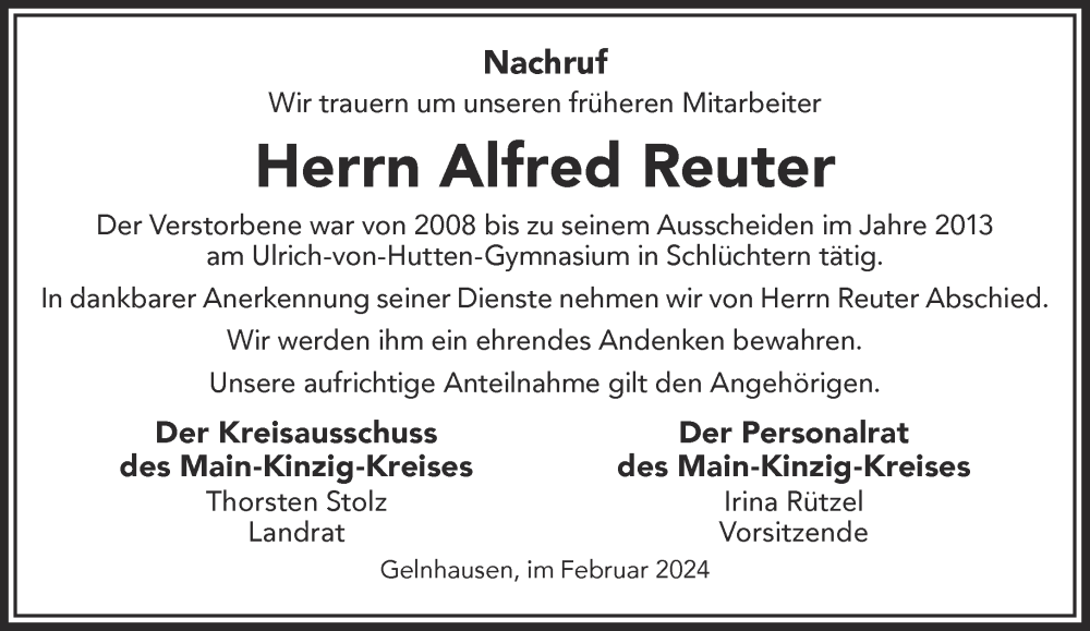  Traueranzeige für Alfred Reuter vom 10.02.2024 aus Mittelhessen-Bote