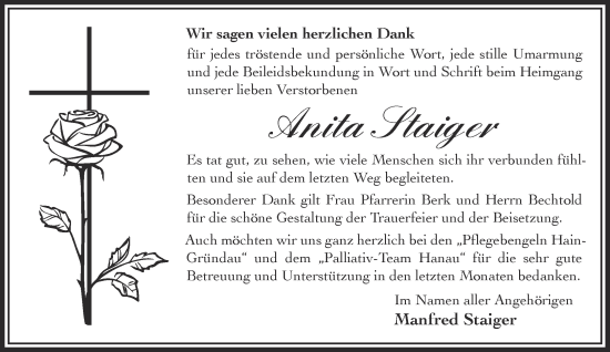 Traueranzeige von Anita Staiger von Mittelhessen-Bote