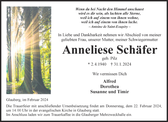 Traueranzeige von Anneliese Schäfer von Mittelhessen-Bote