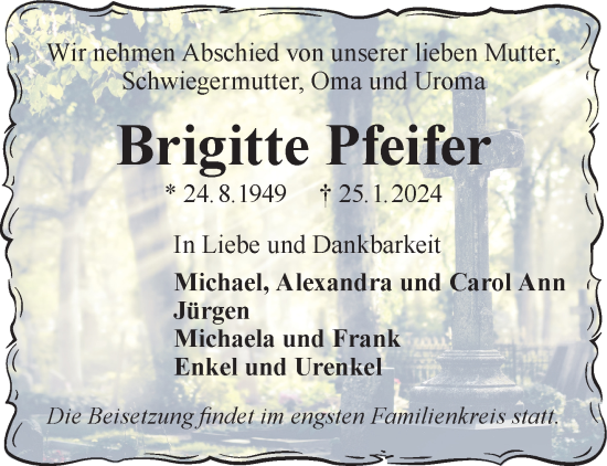 Traueranzeige von Brigitte Pfeifer von Gelnhäuser Neue Zeitung