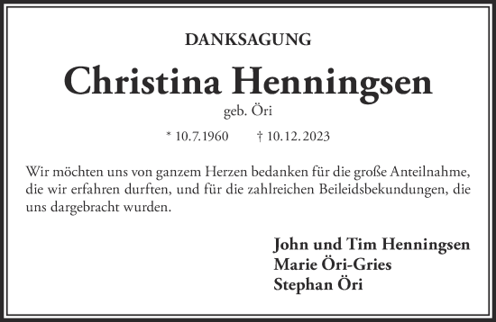 Traueranzeige von Christina Henningsen von Gelnhäuser Neue Zeitung