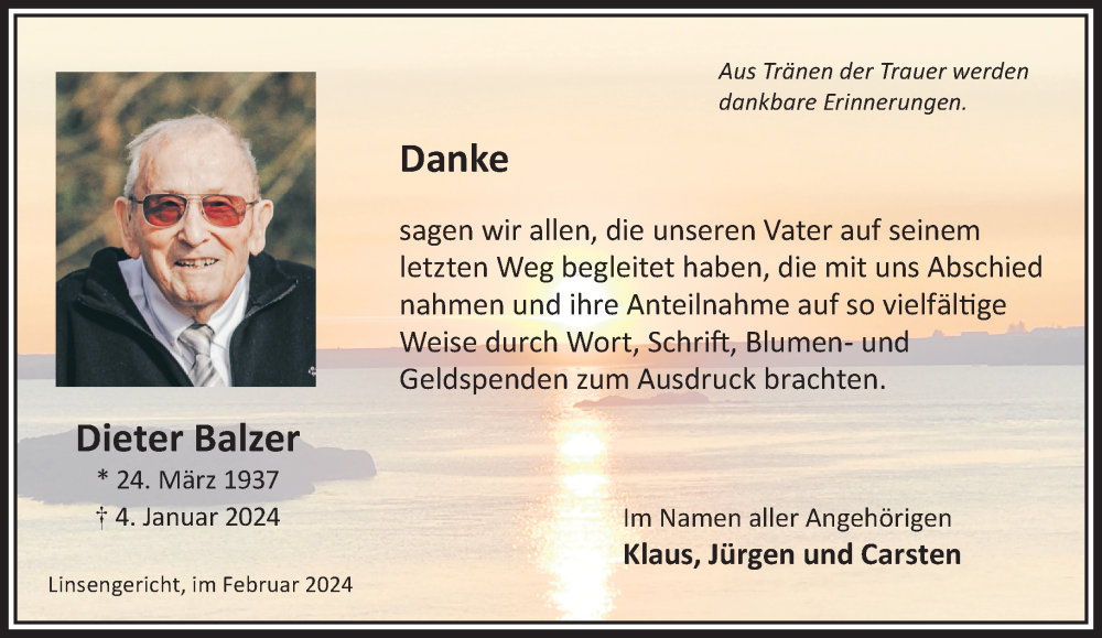  Traueranzeige für Dieter Balzer vom 03.02.2024 aus Gelnhäuser Neue Zeitung