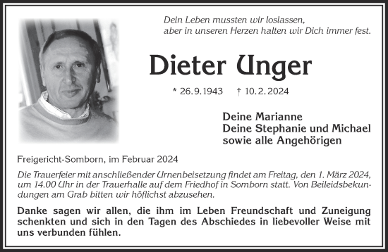 Traueranzeige von Dieter Unger von Gelnhäuser Neue Zeitung