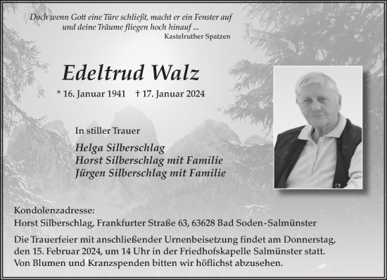 Traueranzeige von Edeltrud Walz von Gelnhäuser Neue Zeitung