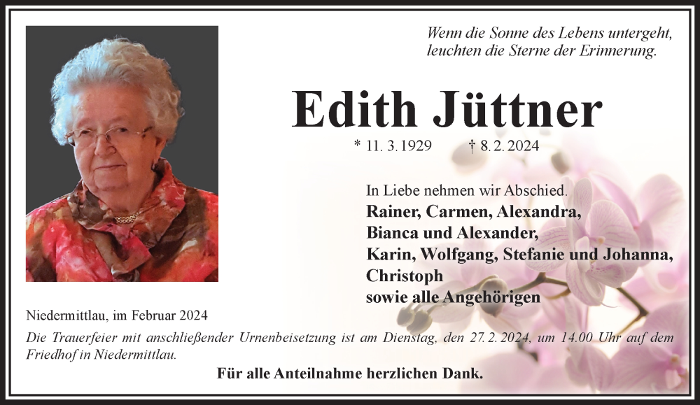  Traueranzeige für Edith Jüttner vom 17.02.2024 aus Gelnhäuser Neue Zeitung