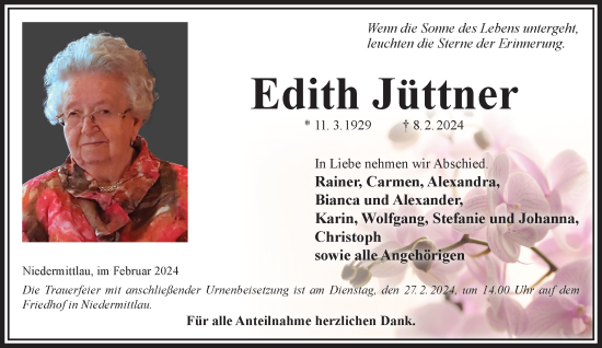 Traueranzeige von Edith Jüttner von Mittelhessen-Bote