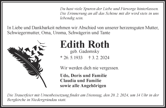 Traueranzeige von Edith Roth von Gelnhäuser Neue Zeitung