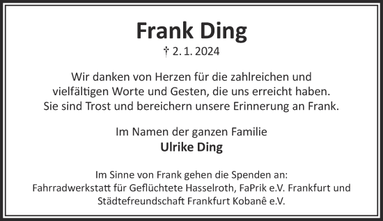 Traueranzeige von Frank Ding von Gelnhäuser Neue Zeitung