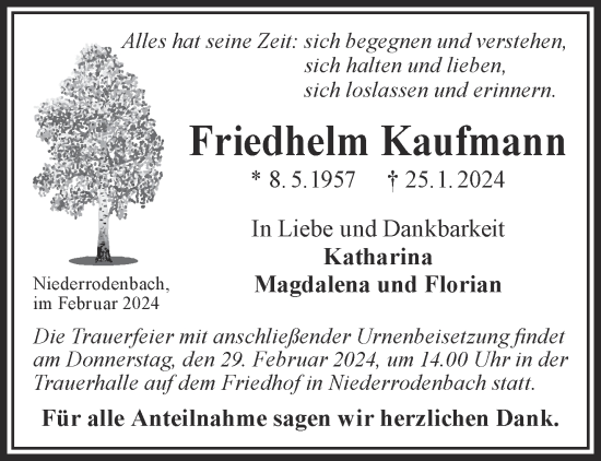Traueranzeige von Friedhelm Kaufmann von Gelnhäuser Neue Zeitung
