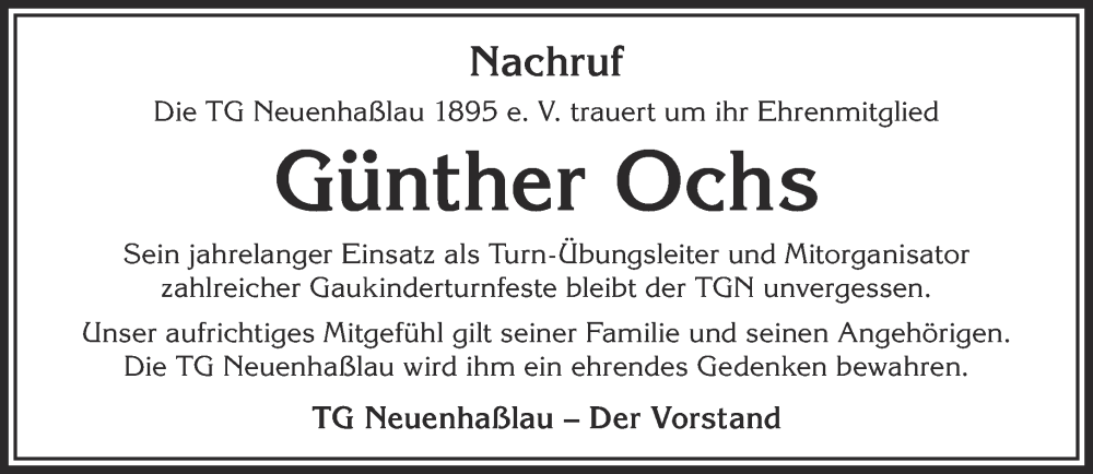  Traueranzeige für Günther Ochs vom 03.02.2024 aus Gelnhäuser Neue Zeitung