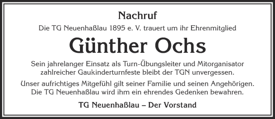 Traueranzeige von Günther Ochs von Gelnhäuser Neue Zeitung