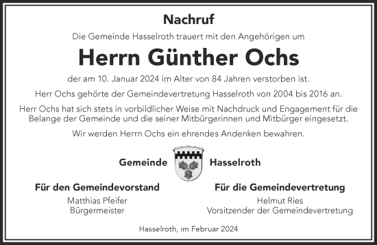 Traueranzeige von Günther Ochs von Mittelhessen-Bote
