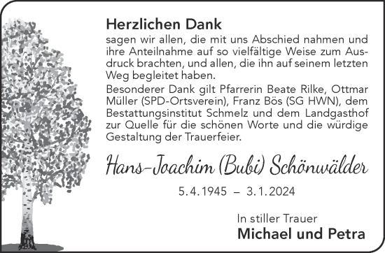 Traueranzeige von Hans-Joachim Schönwälder von Gelnhäuser Neue Zeitung