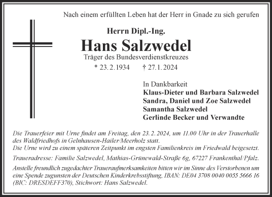 Traueranzeige von Hans Salzwedel von Gelnhäuser Neue Zeitung