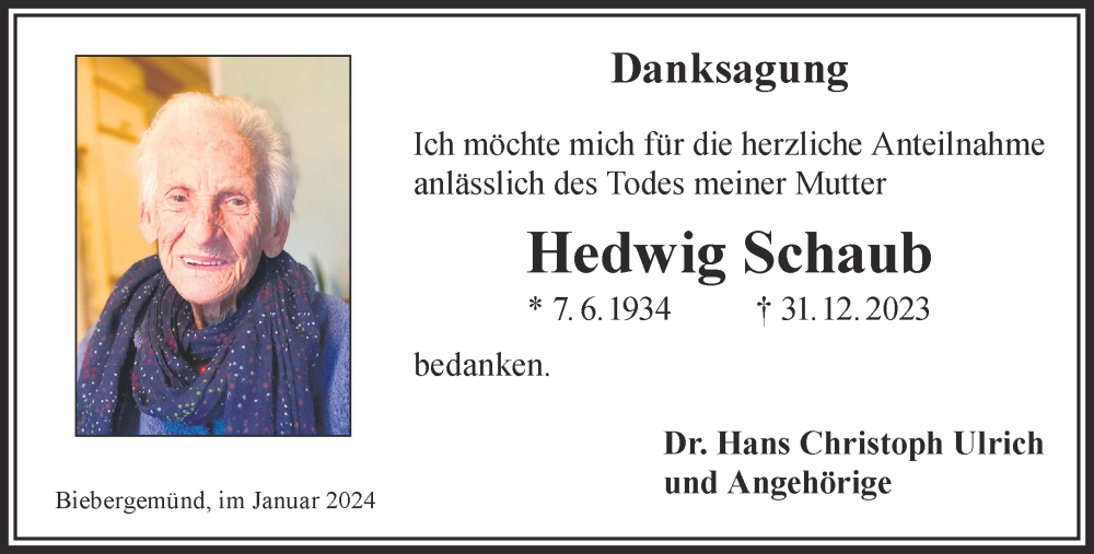  Traueranzeige für Hedwig Schaub vom 03.02.2024 aus Gelnhäuser Neue Zeitung