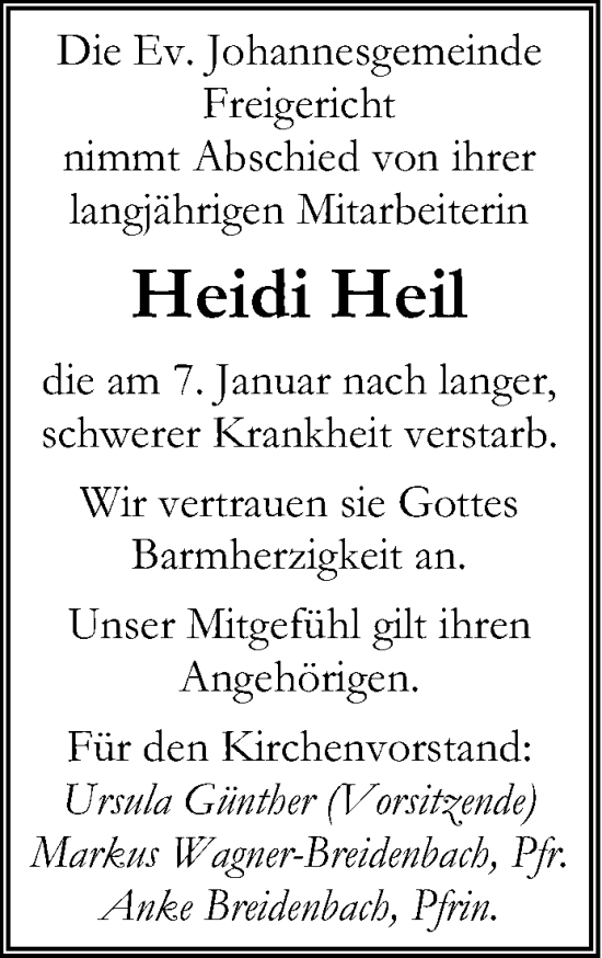 Traueranzeige von Heidi Heil von Gelnhäuser Neue Zeitung