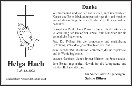 Traueranzeige von Helga Hach von Gelnhäuser Neue Zeitung