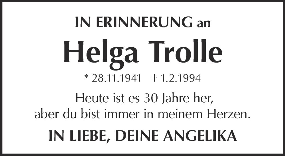  Traueranzeige für Helga Trolle vom 03.02.2024 aus Mittelhessen-Bote