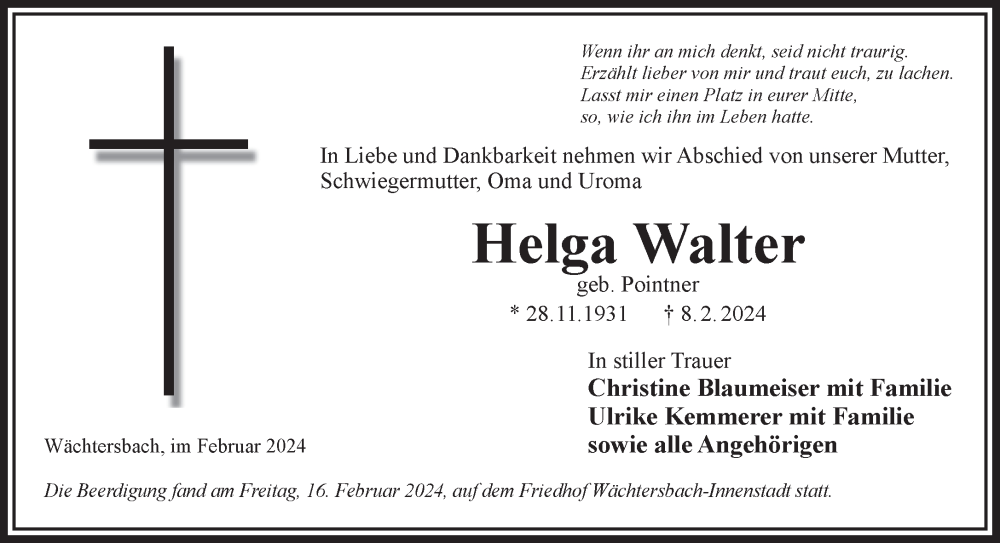  Traueranzeige für Helga Walter vom 17.02.2024 aus Mittelhessen-Bote