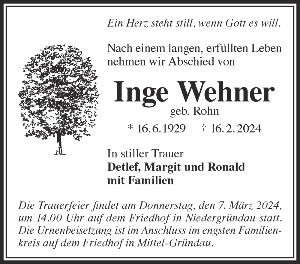  Traueranzeige für Inge Wehner vom 24.02.2024 aus Gelnhäuser Neue Zeitung
