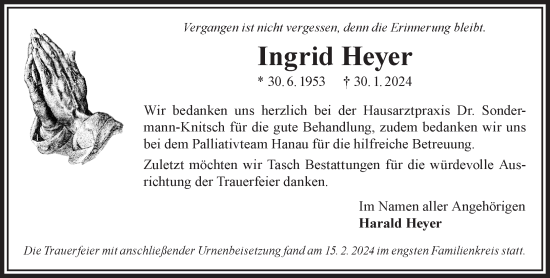 Traueranzeige von Ingrid Heyer von Gelnhäuser Neue Zeitung
