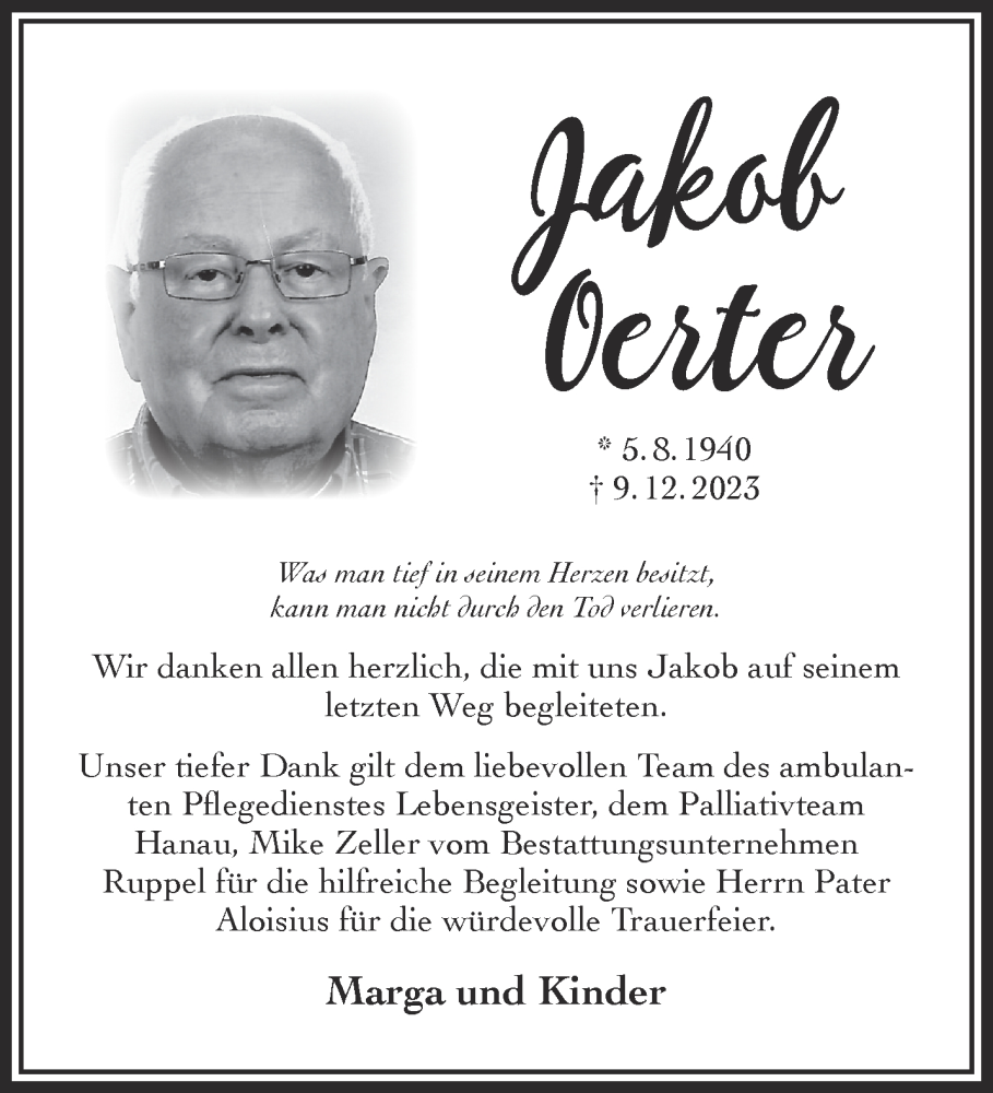  Traueranzeige für Jakob Oerter vom 10.02.2024 aus Gelnhäuser Neue Zeitung