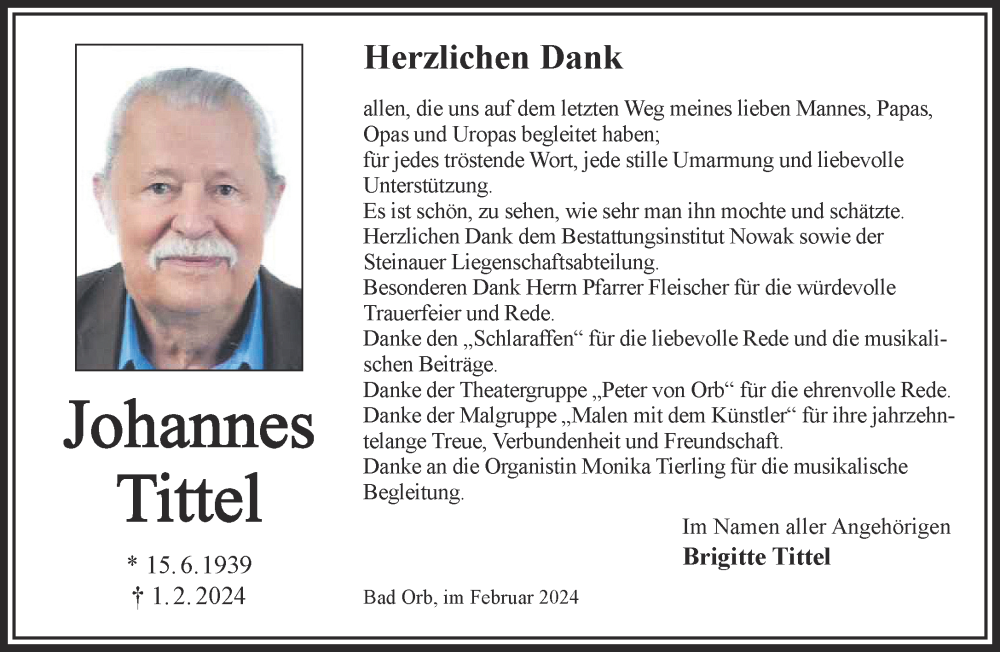  Traueranzeige für Johannes Tittel vom 17.02.2024 aus Gelnhäuser Neue Zeitung