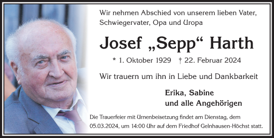 Traueranzeige von Josef Harth von Gelnhäuser Neue Zeitung