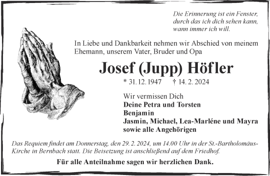 Traueranzeige von Josef Höfler von Gelnhäuser Neue Zeitung