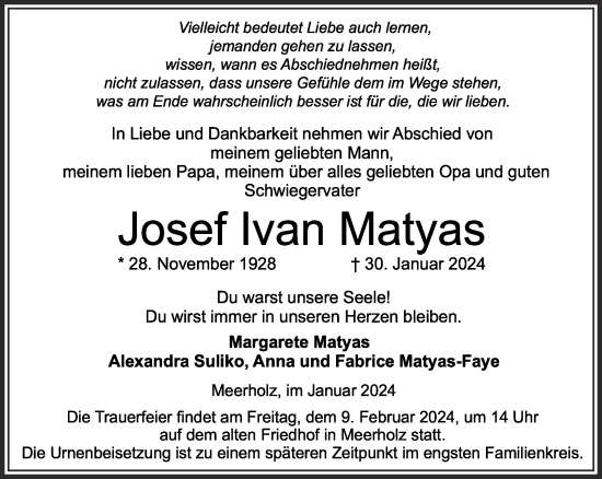 Traueranzeige von Josef Ivan Matyas von Gelnhäuser Neue Zeitung