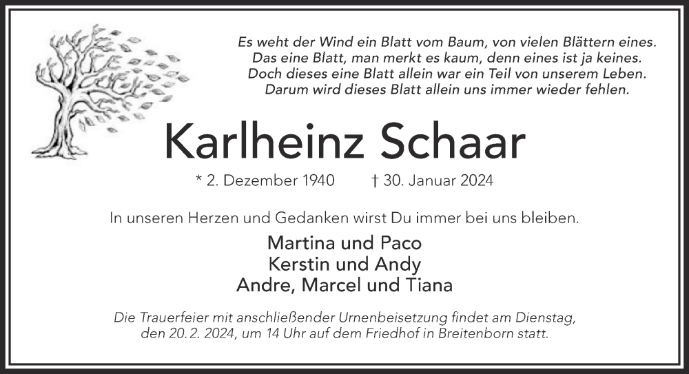  Traueranzeige für Karlheinz Schaar vom 10.02.2024 aus Mittelhessen-Bote