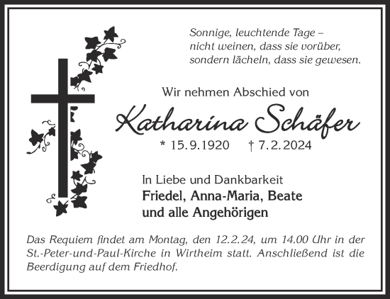 Traueranzeige von Katharina Schäfer von Gelnhäuser Neue Zeitung