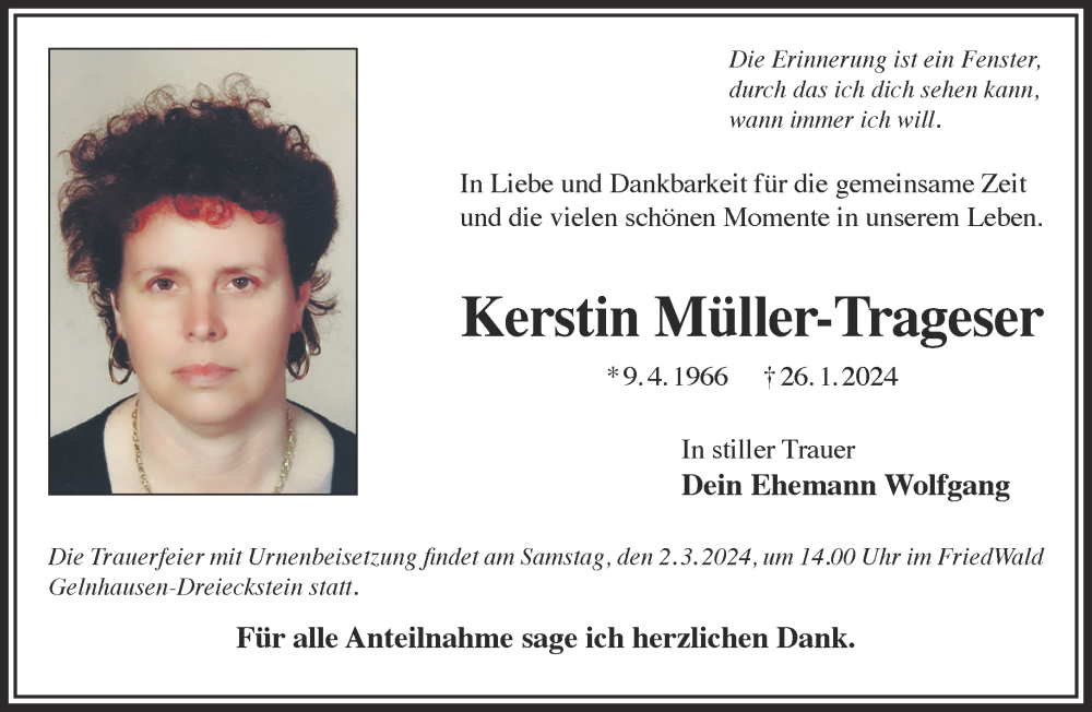  Traueranzeige für Kerstin Müller-Trageser vom 10.02.2024 aus Gelnhäuser Neue Zeitung