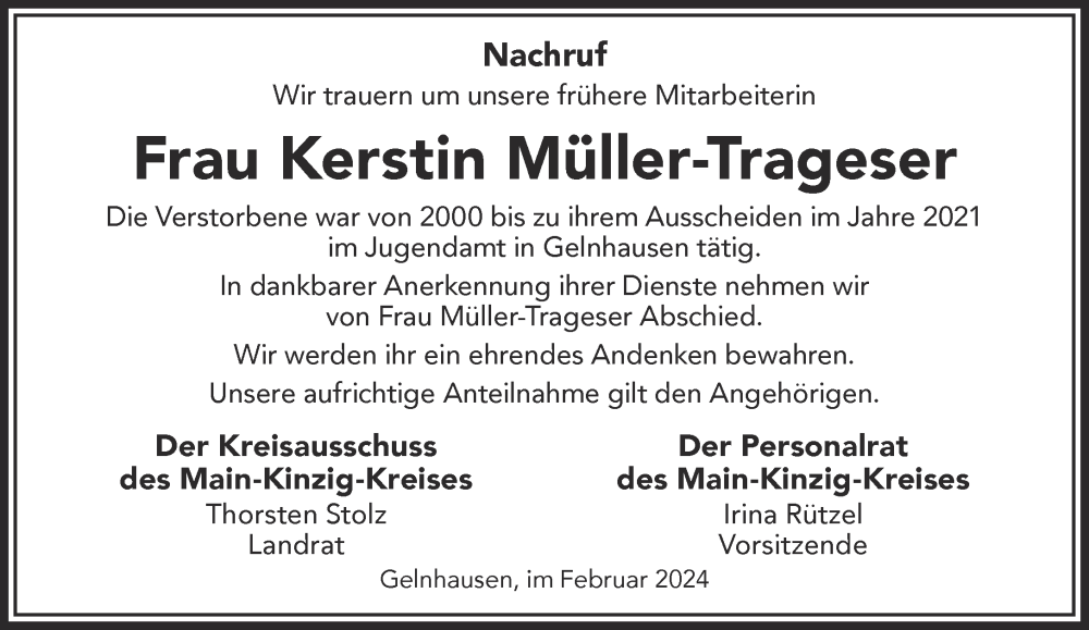  Traueranzeige für Kerstin Müller-Trageser vom 24.02.2024 aus Mittelhessen-Bote