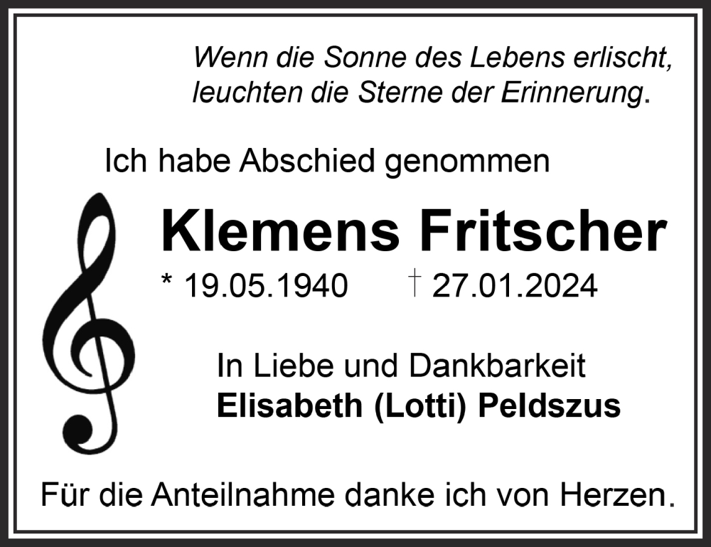  Traueranzeige für Klemens Fritscher vom 17.02.2024 aus Gelnhäuser Neue Zeitung