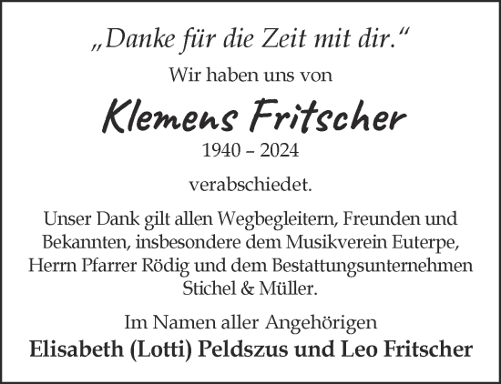 Traueranzeige von Klemens Fritscher von Gelnhäuser Neue Zeitung