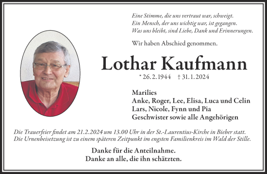 Traueranzeige von Lothar Kaufmann von Gelnhäuser Neue Zeitung