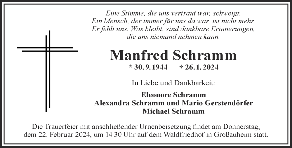  Traueranzeige für Manfred Schramm vom 10.02.2024 aus Gelnhäuser Neue Zeitung