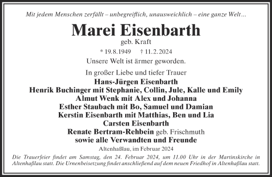 Traueranzeige von Marei Eisenbarth von Gelnhäuser Neue Zeitung