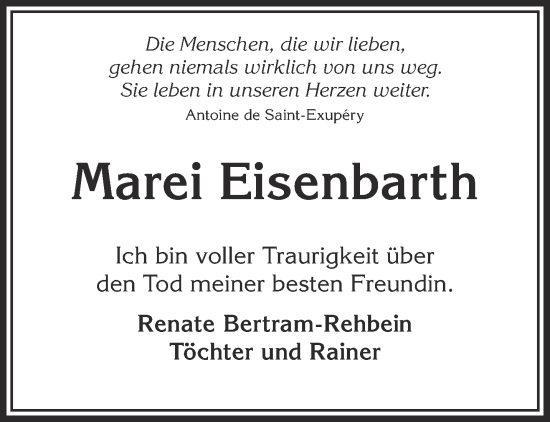 Traueranzeige von Marei Eisenbarth von Mittelhessen-Bote