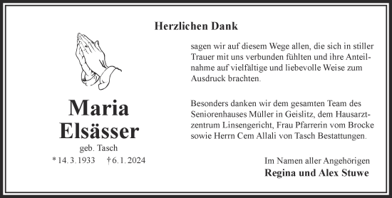 Traueranzeige von Maria Elsässer von Gelnhäuser Neue Zeitung