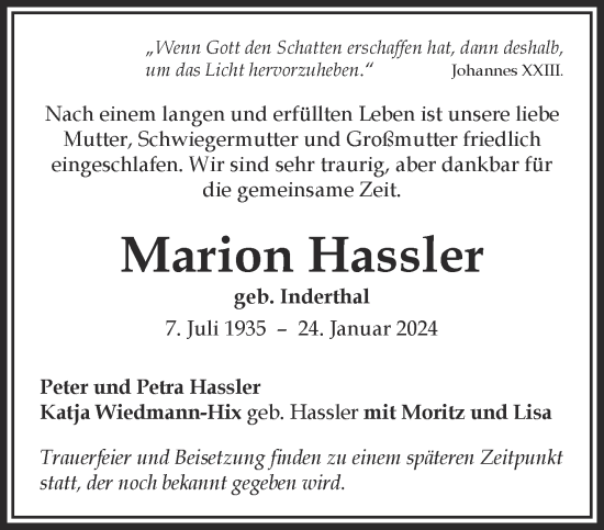 Traueranzeige von Marion Hassler von Gelnhäuser Neue Zeitung